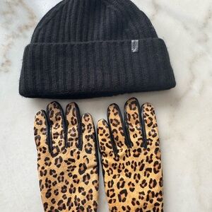 Vince Black wool Beanie and Banana republic Leopard leather Gloves, both NWOT